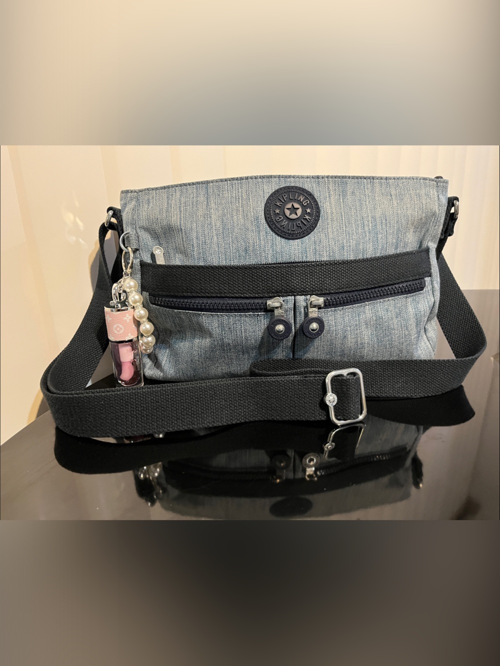 Kipling Blue Denim Crossbody Shoulder Bag Multiple Zipper Pockets